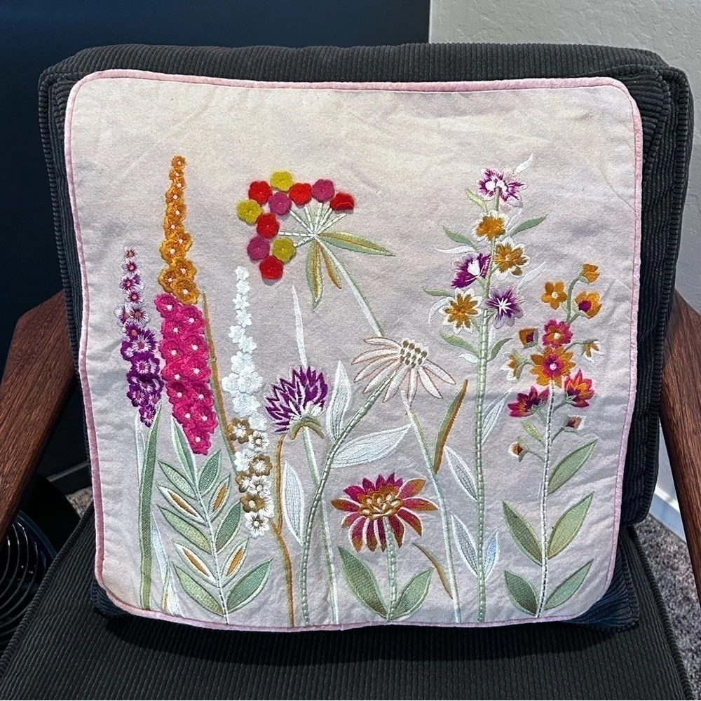 Hand Embroidered Pillow Covers | Floral Design | Set of 2 | 16 x 16